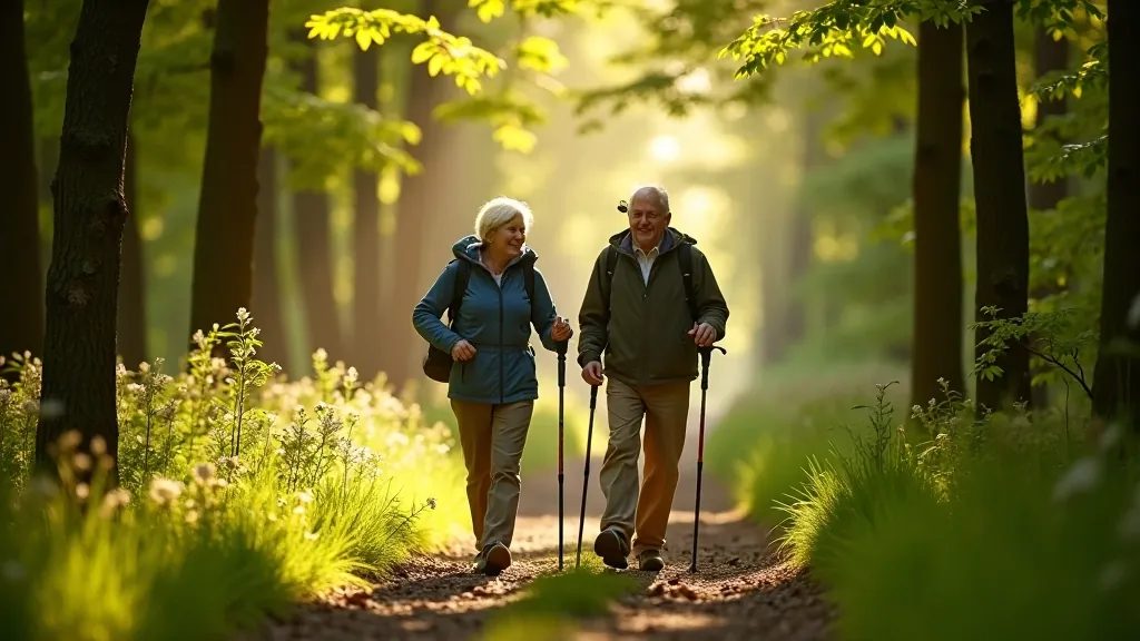 Senior couple hiking together on a woodland trail, enjoying outdoor activity in nature